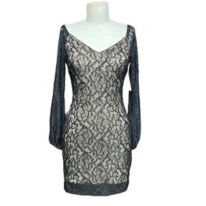 Dress The Population Off Shoulder Blouson Sleeve Lace‎ Dress Black Nude Size S